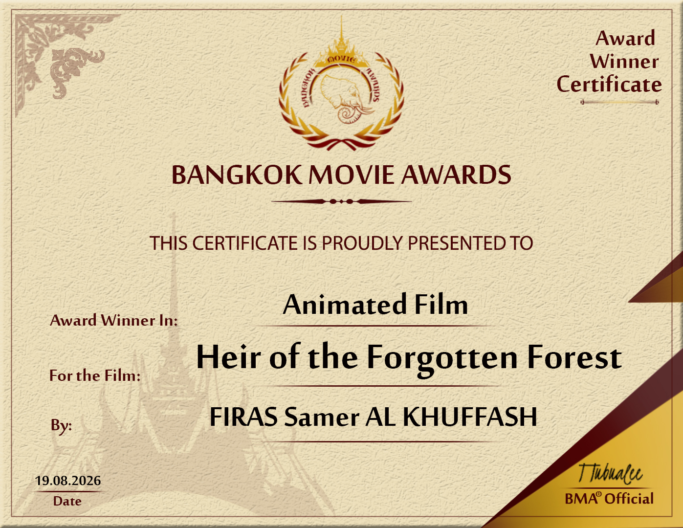 Bangkok Movie Awards — Award Winner Certificate, Animated Film