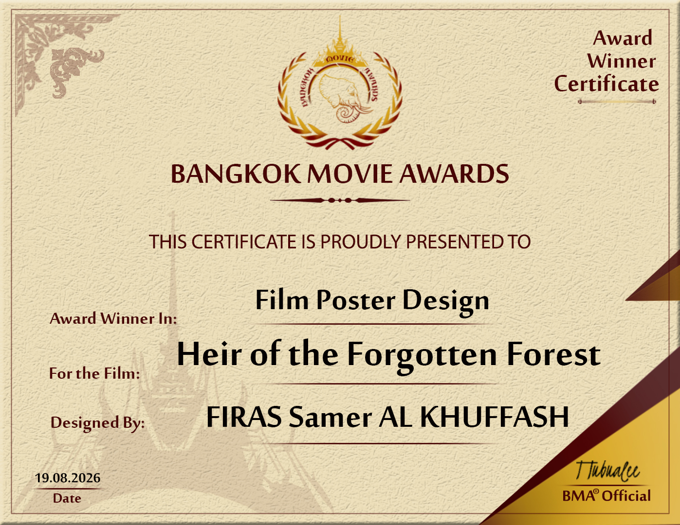 Bangkok Movie Awards — Award Winner Certificate, Film Poster Design