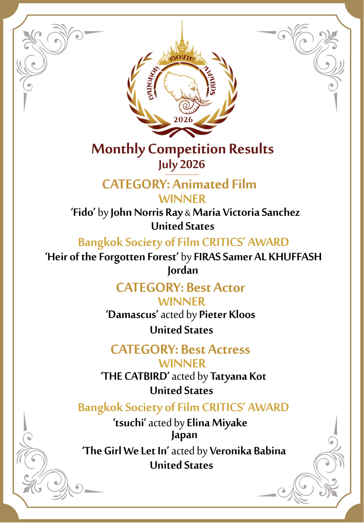 Bangkok Movie Awards July 2026 results — Animated Film, Critics’ Award
