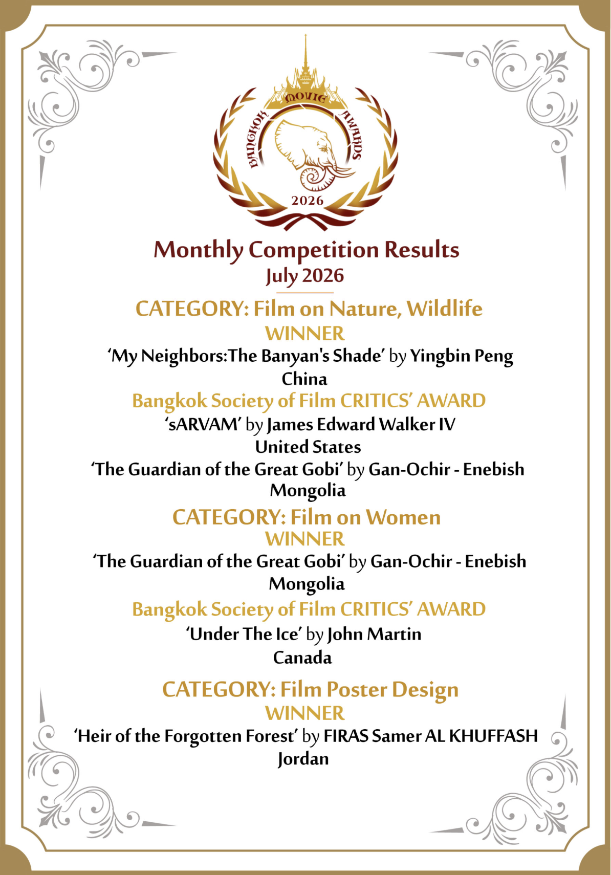 Bangkok Movie Awards July 2026 results — Film Poster Design winner