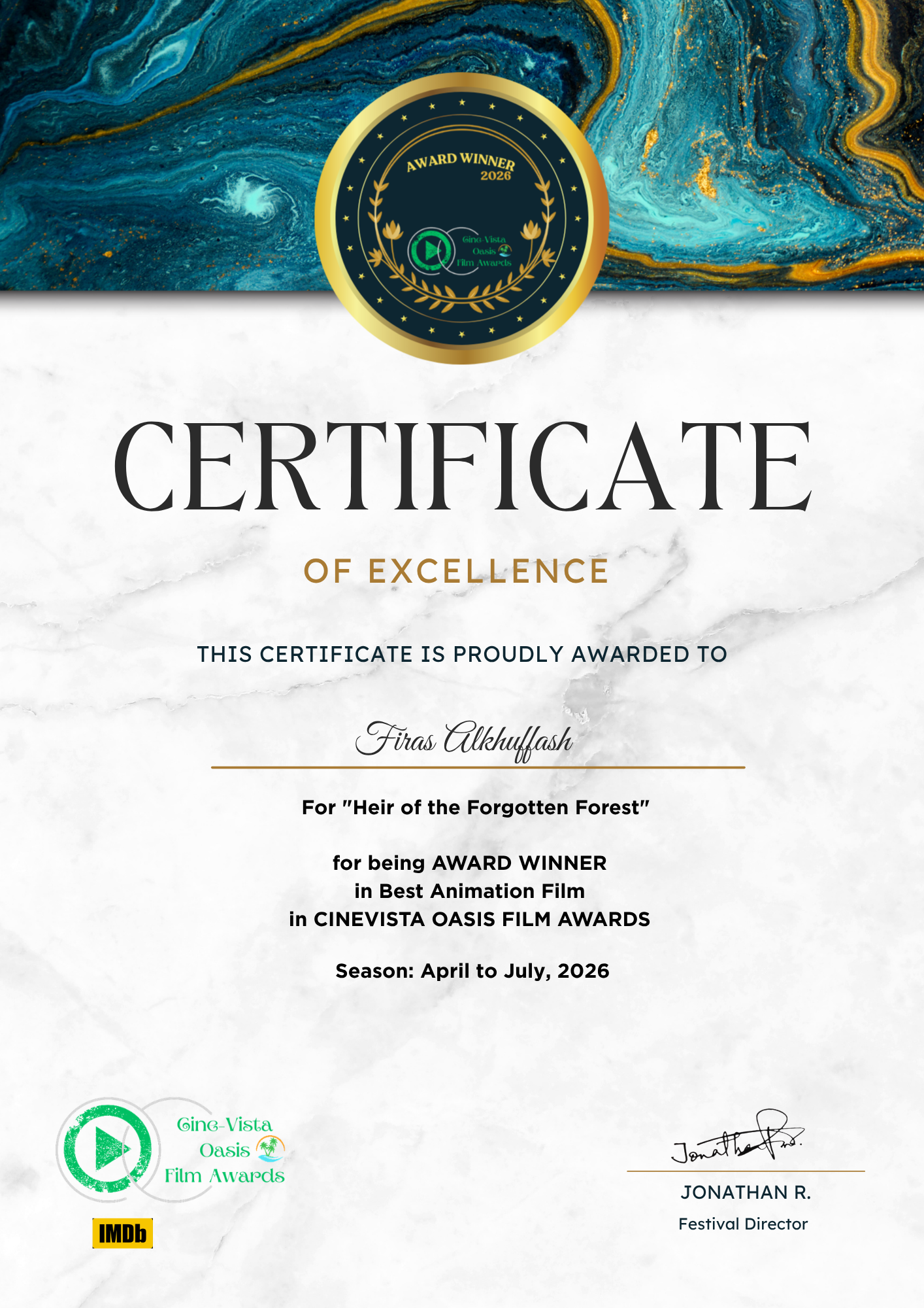 Certificate of Excellence — Cine Vista Oasis Film Awards, Best Animation Film